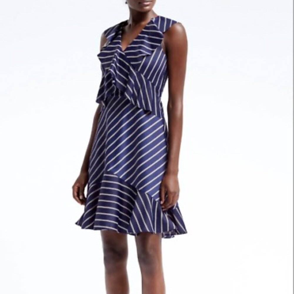 Banana Republic Ruffle Flounce Fit & Flare Dress Navy Blue Stripe 2P